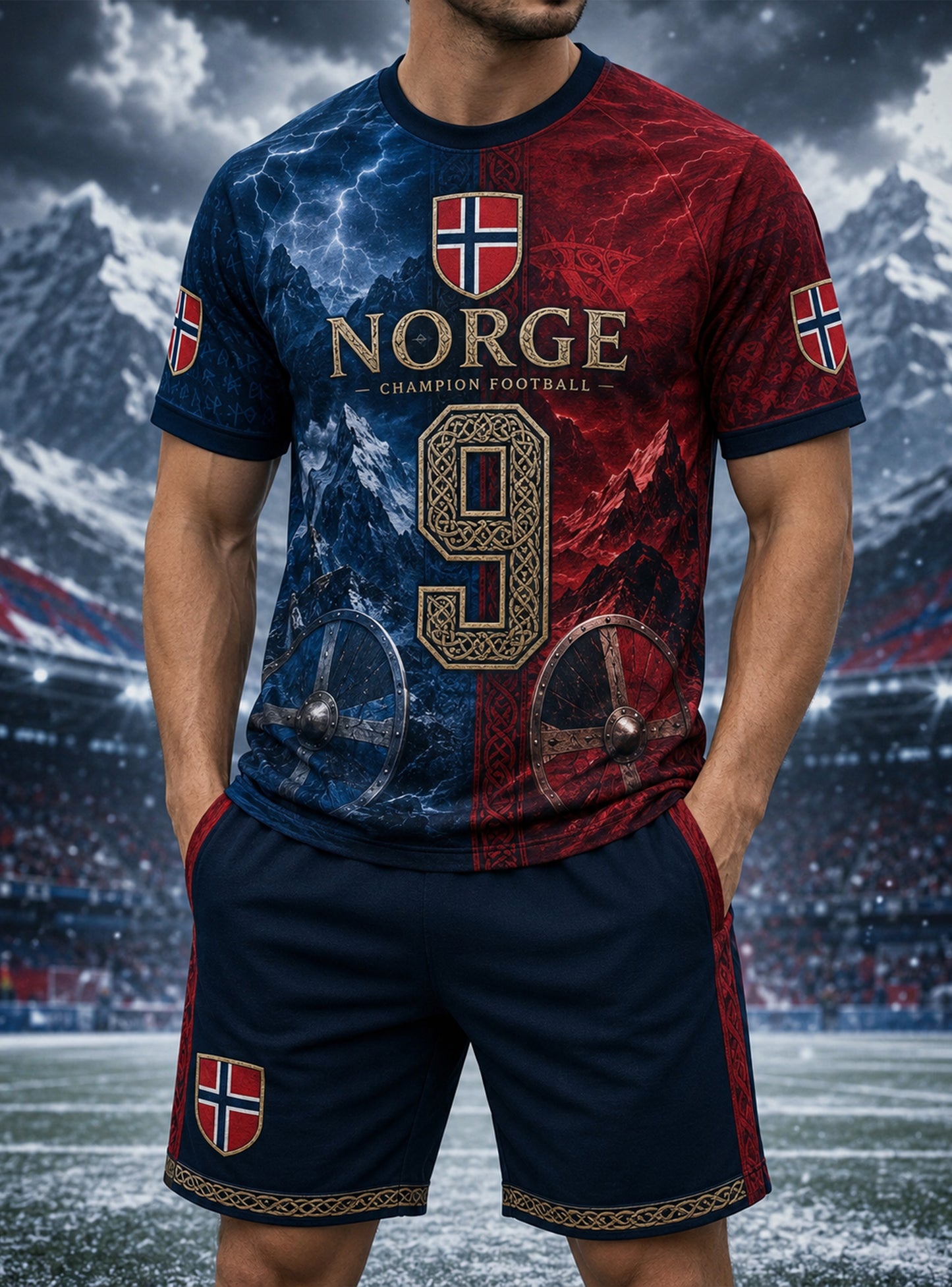 Herrset med konsttryck på t-shirt i norsk vikingtema