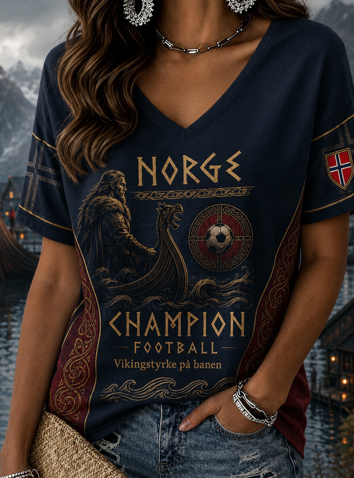Kvinnorska vikinga-temad konst Skriv ut T-shirt