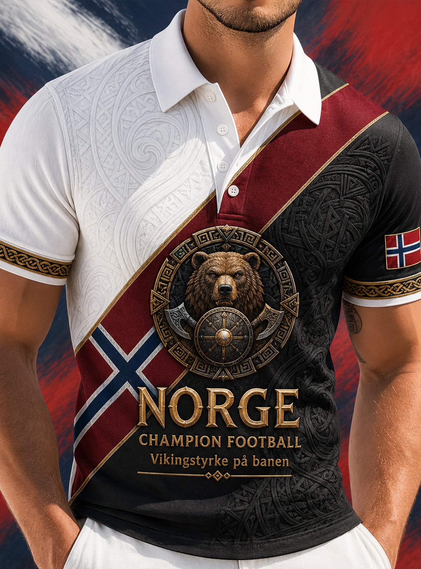 Herrpolotröja med norsk vikinginspirerad konstprint