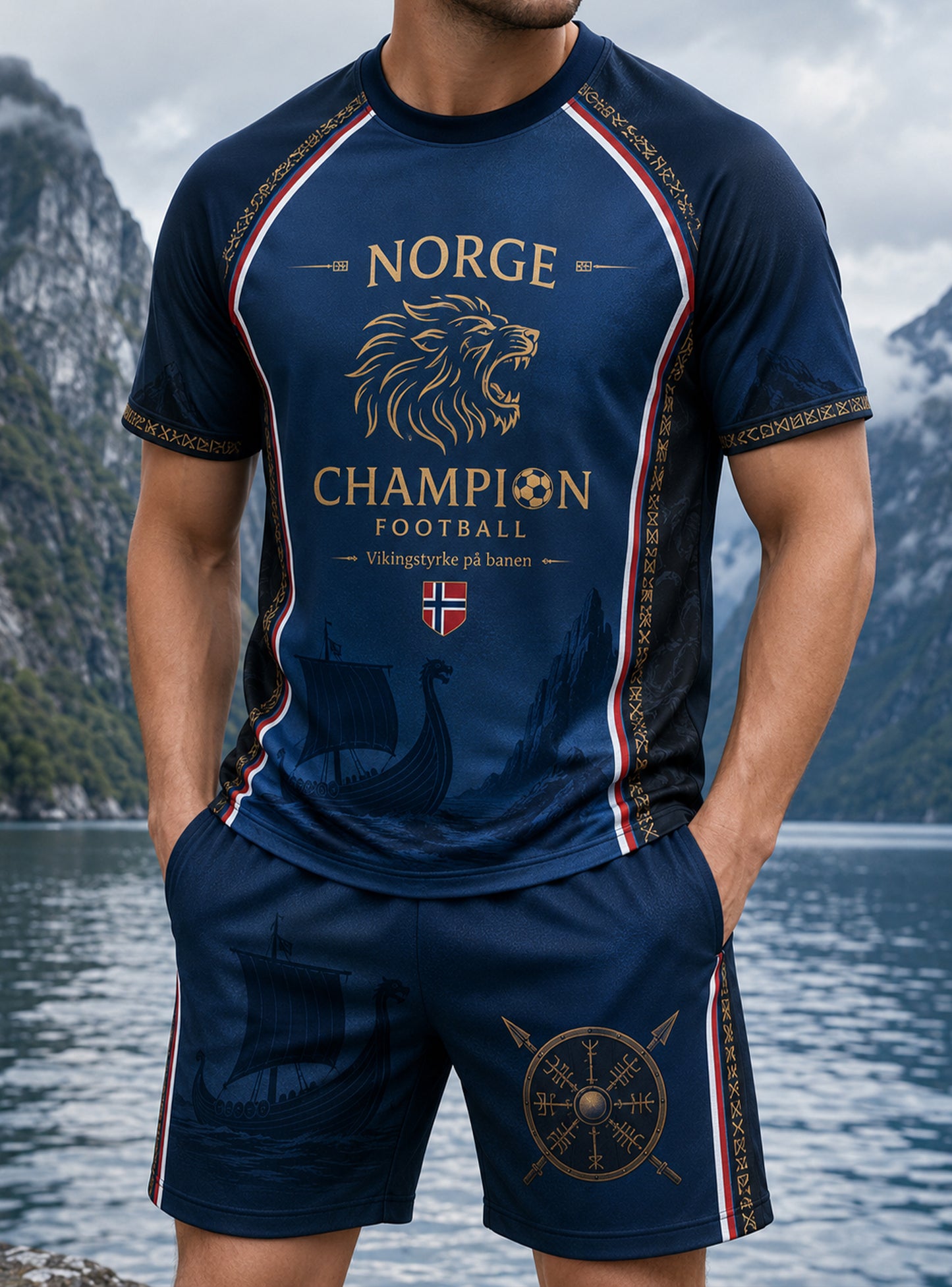 Herrset med konsttryck på t-shirt i norsk vikingtema