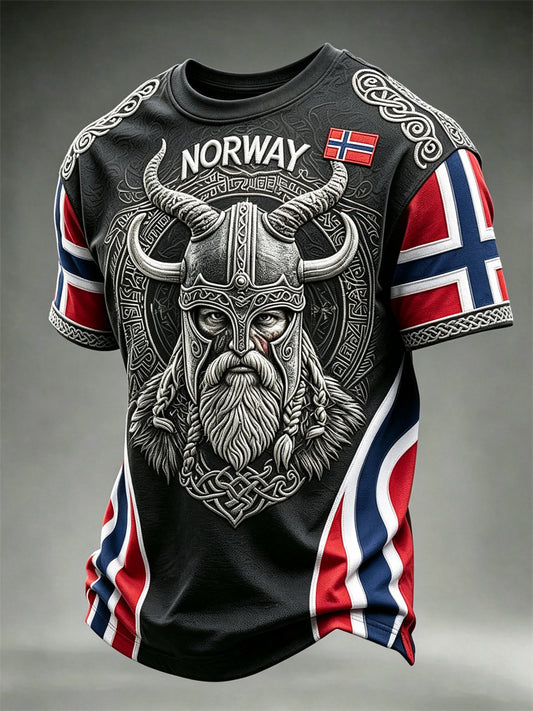 Herrtröja i Norge med vikingkrigare, keltisk knut och flaggmönster, kortärmad