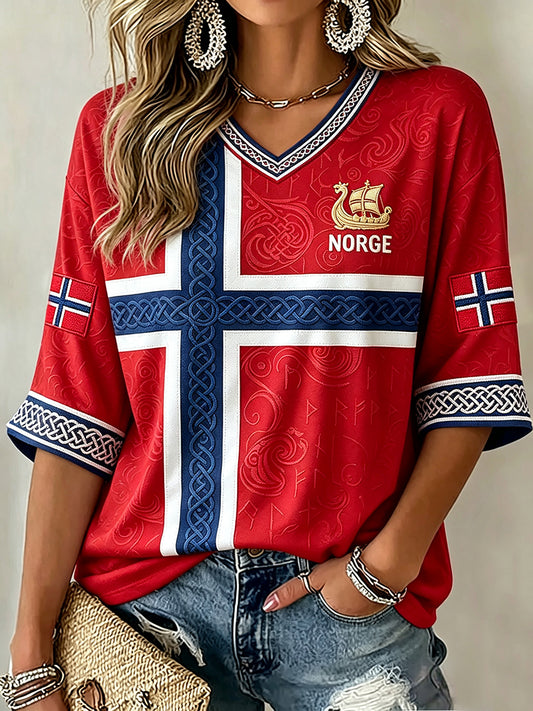 Kvinnors Vikingskepp Celtic Print Mid-längd ärmar V-hals T-shirt