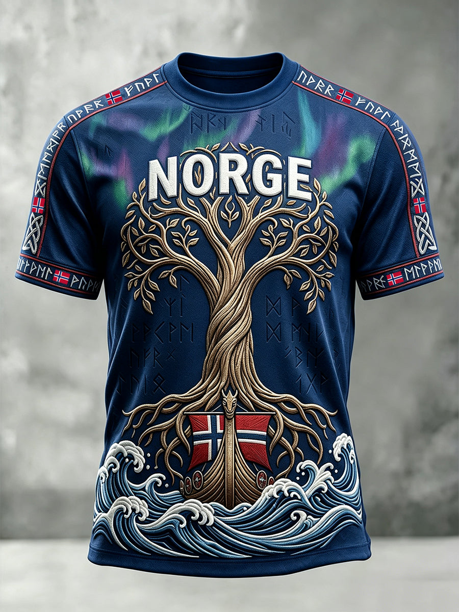 Mäns Viking träd av liv konst Norge Flag Skriv ut korta ärmar T-shirt