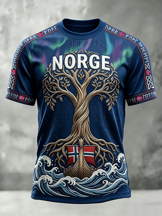 Mäns Viking träd av liv konst Norge Flag Skriv ut korta ärmar T-shirt