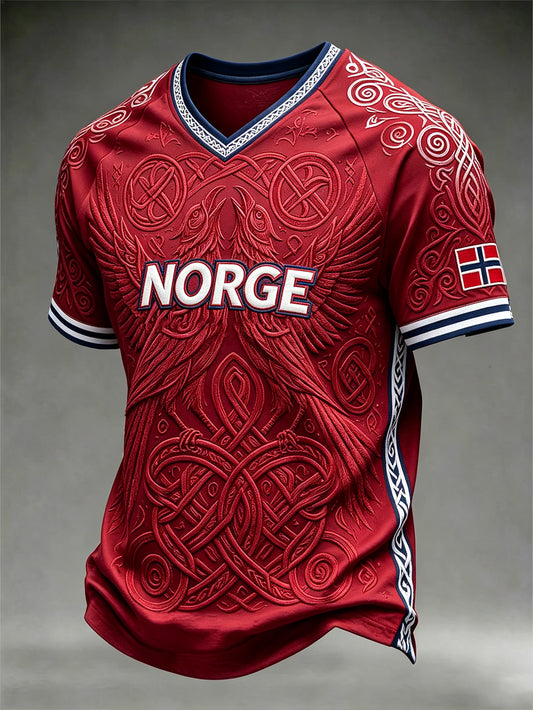 Herrtröja med retroinspirerat norsk vikingmönster och V-ringning