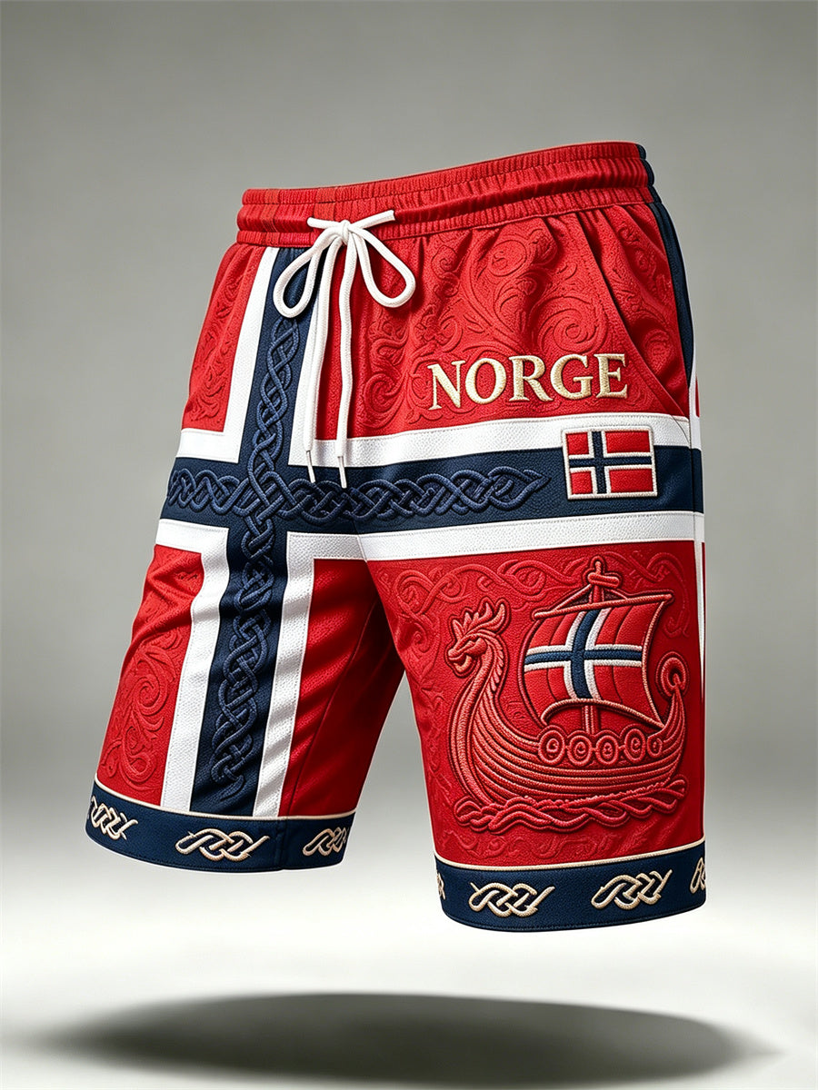 Herrbyxor i norskt vikingaskipsmönster med keltiskt knutmotiv och tryckt flagga, dragsko
