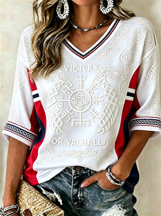 Kvinnors seger eller Valhalla Celtic Knop Flagg Lappverk Skriv ut mitt längd ärmar V-hals T-shirt