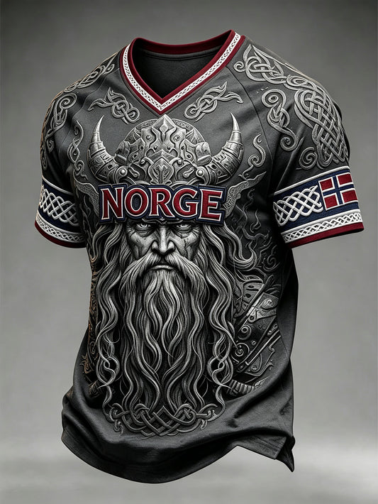 Herrtröja med retroinspirerat norsk vikingmönster och V-ringning