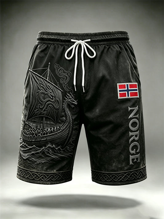 Mäns Norge Viking skepp Celtic Knop Flag Print Drawstring Shorts