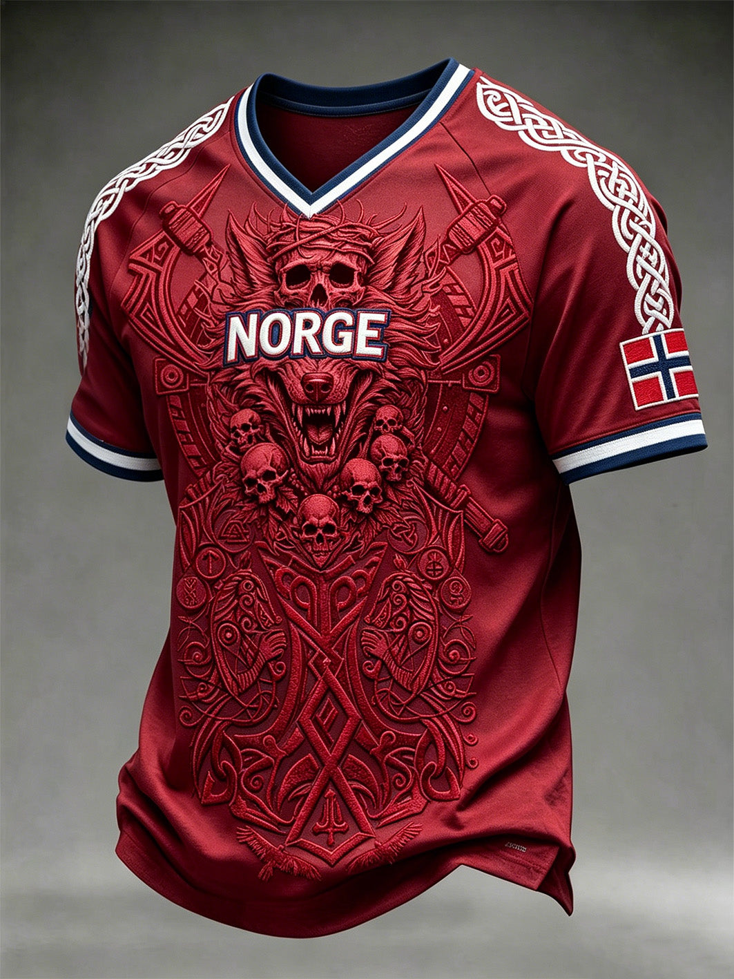 Herrtröja med retroinspirerat norsk vikingmönster och V-ringning