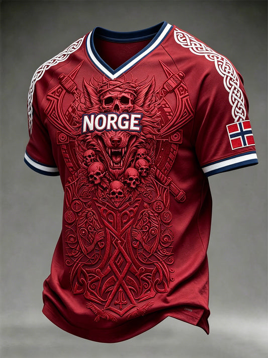 Herrtröja med retroinspirerat norsk vikingmönster och V-ringning