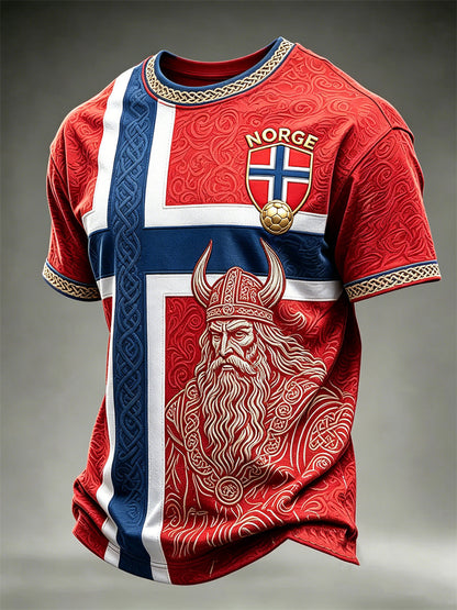 Herrtröja med fotbollsmotiv från Norge, vikingakrigare och keltiskt knutmotiv, flagg- och färgblocktryck samt korta ärmar