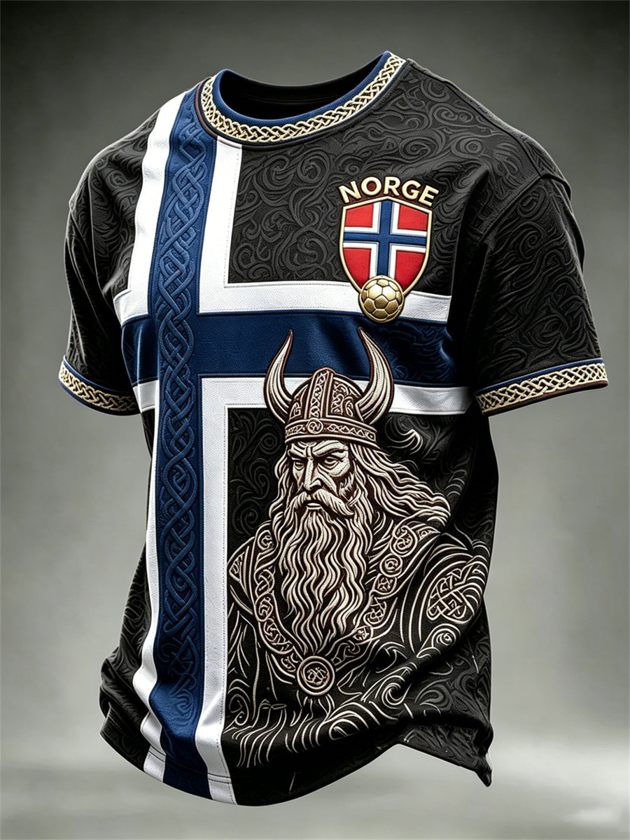 Herrtröja med fotbollsmotiv från Norge, vikingakrigare och keltiskt knutmotiv, flagg- och färgblocktryck samt korta ärmar