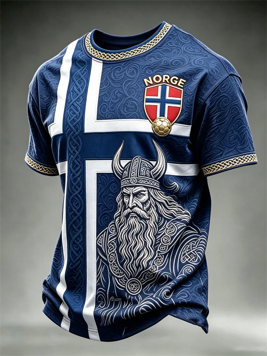 Herrtröja med fotbollsmotiv från Norge, vikingakrigare och keltiskt knutmotiv, flagg- och färgblocktryck samt korta ärmar