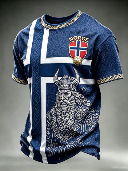Herrtröja med fotbollsmotiv från Norge, vikingakrigare och keltiskt knutmotiv, flagg- och färgblocktryck samt korta ärmar