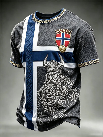 Herrtröja med fotbollsmotiv från Norge, vikingakrigare och keltiskt knutmotiv, flagg- och färgblocktryck samt korta ärmar