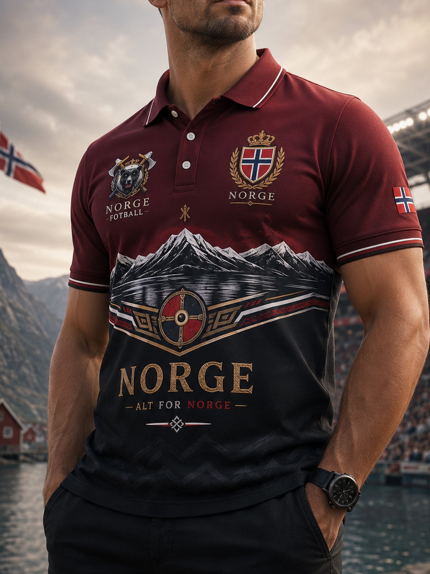 Manspolskort med norsk vikingtema, patriotisk kulturell konsttryck
