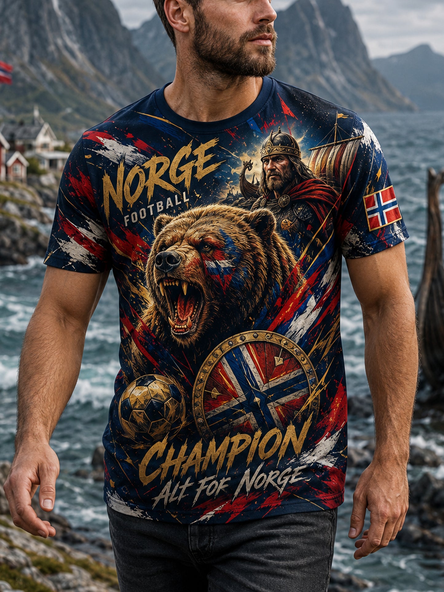 Herrtröja med norsk vikingtematisk patriotisk kulturkonsttryck