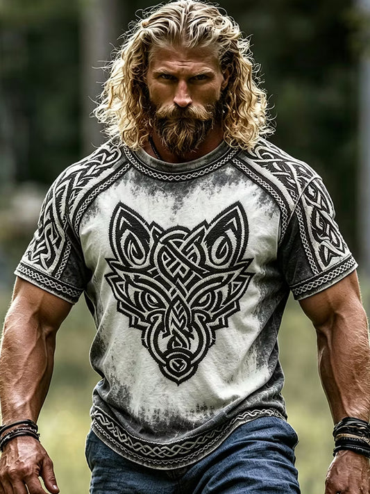 Retro viking-/nordiskstil konsttryck avslappnad t-shirt