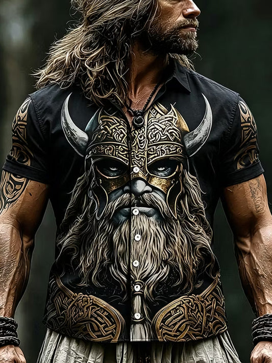 Retro viking-/nordiskstil konsttryck avslappnad skjorta