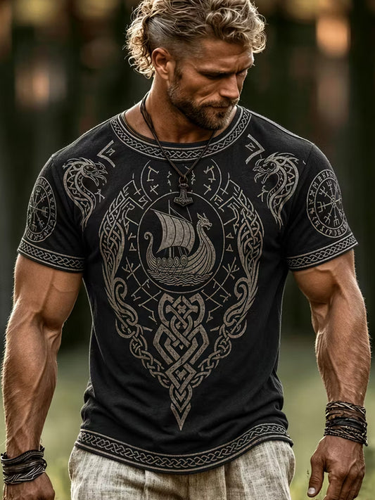Retro viking-/nordiskstil konsttryck avslappnad t-shirt