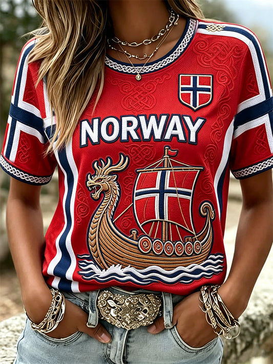 Dammens Norge Vikingaskipskeltisk knut-flaggtryck t-shirt med korta ärmarna