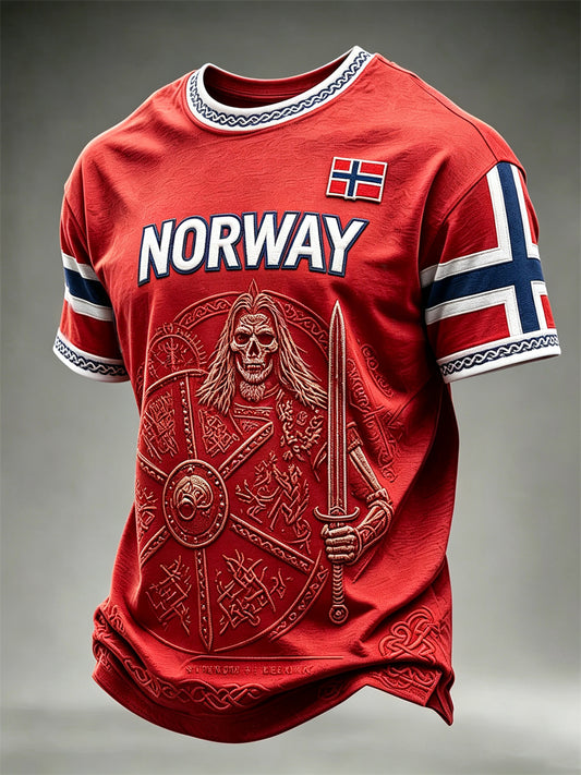 Herrtröja i Norge med vikingkrigare, keltisk knut och flaggmönster, kortärmad