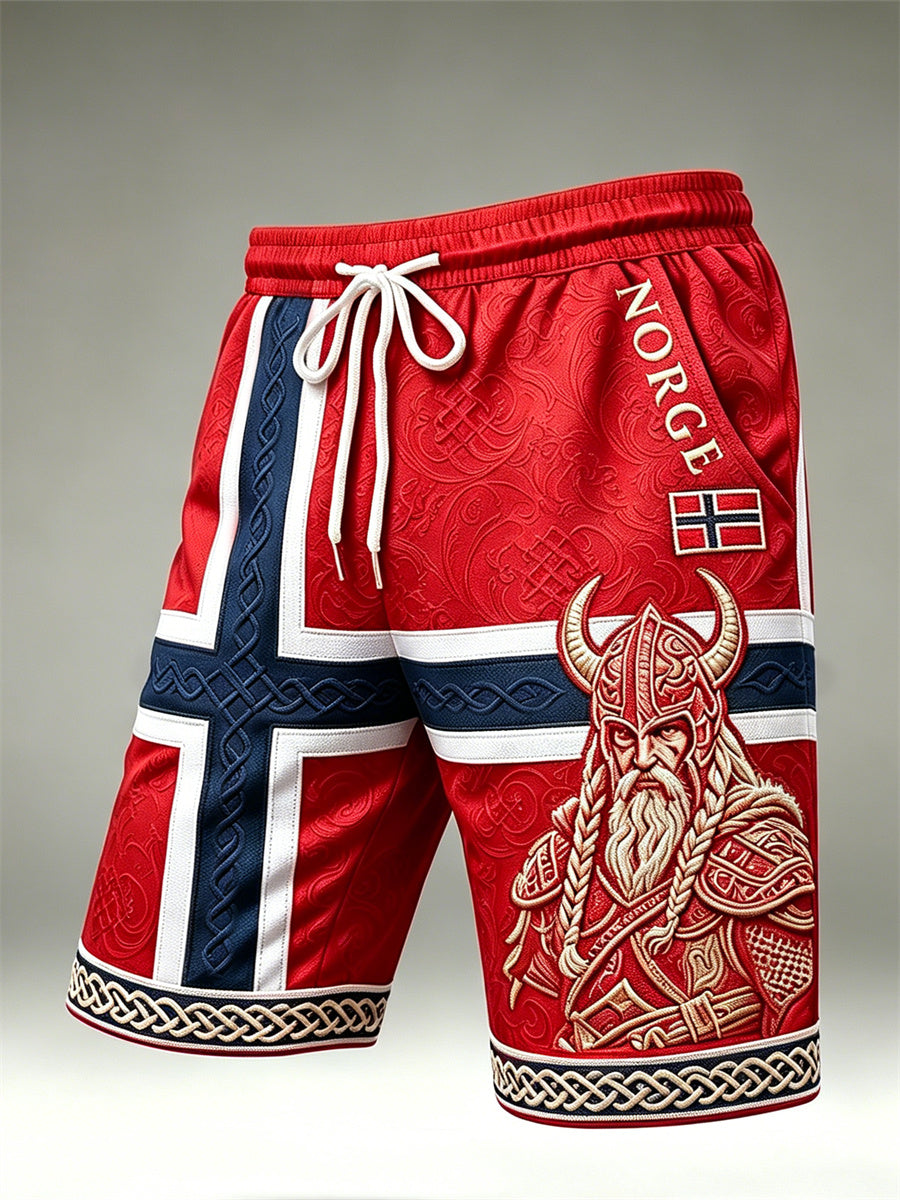 Herrbyxor från Norge i vikingastil med keltiskt knutmotiv, flaggtryck och dragsko