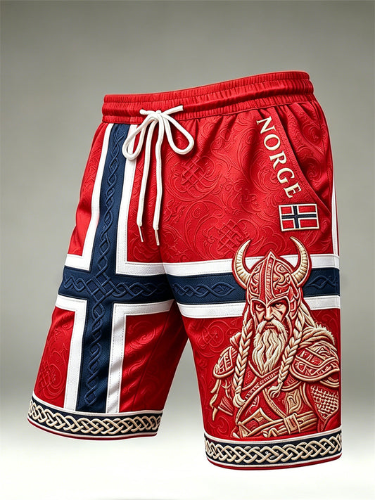 Herrbyxor från Norge i vikingastil med keltiskt knutmotiv, flaggtryck och dragsko