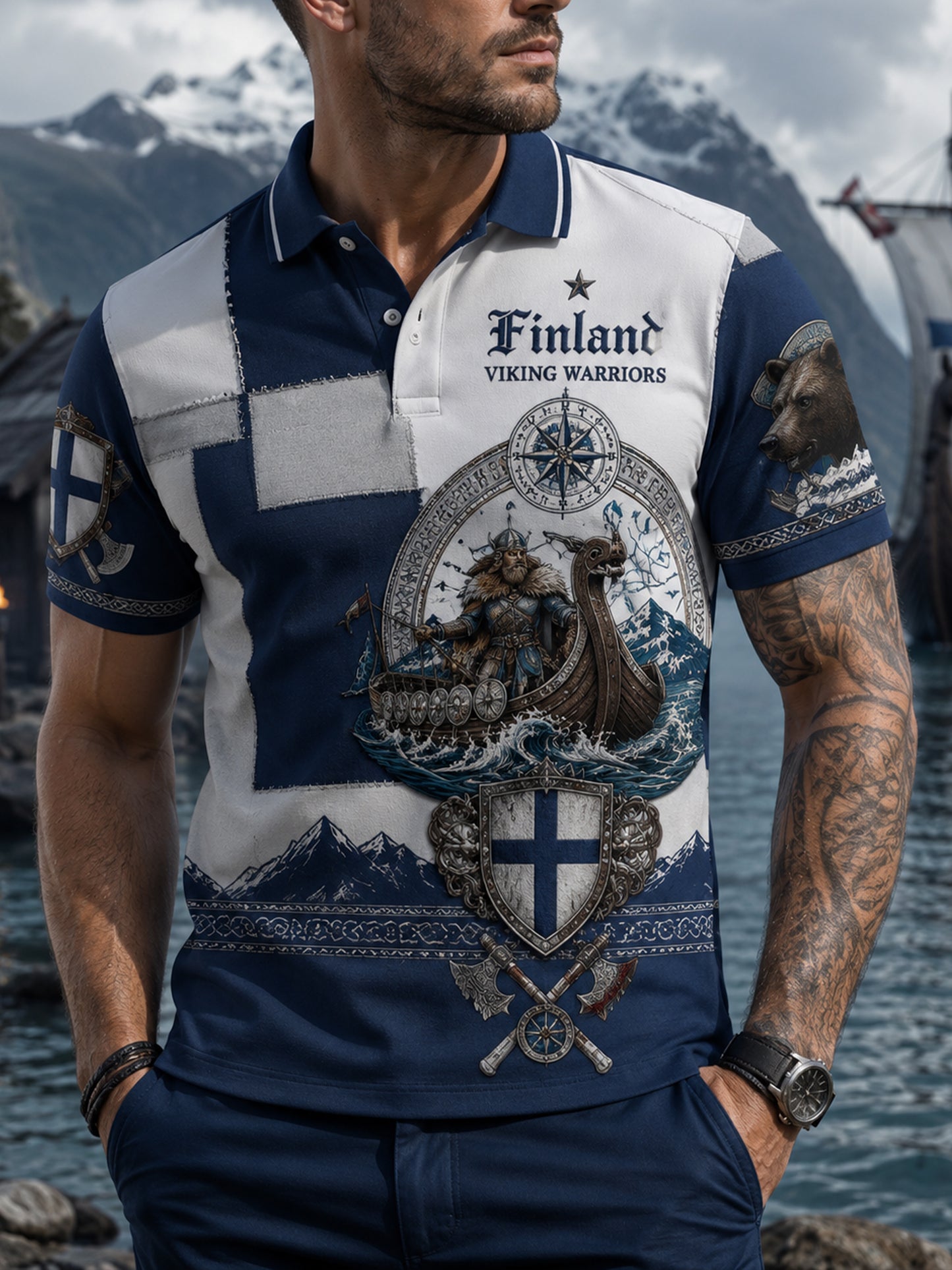 Herrpolotröja med finsk vikingakultur, patriotiskt motiv och konsttryck