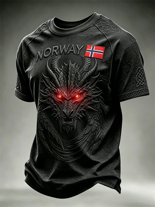 Herrtröja från Norge med tryck av vikingar, drake och keltiskt knutmotiv, korta ärmarna