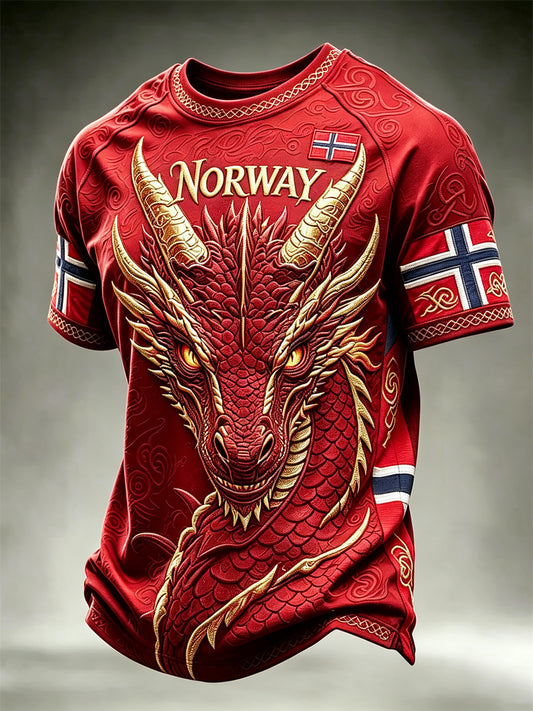 Herrtröja från Norge med tryck av vikingar, drake och keltiskt knutmotiv, korta ärmarna