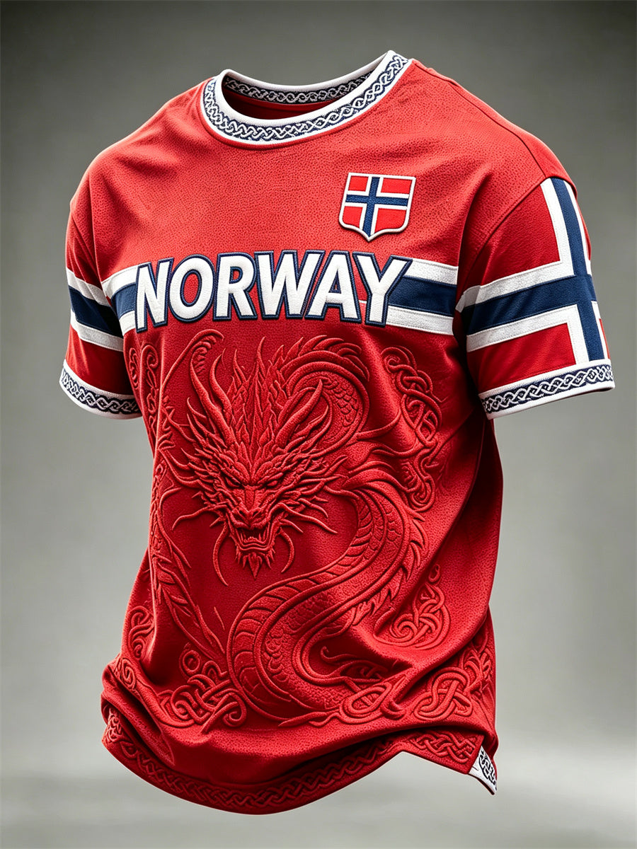 Herrtröja från Norge med tryck av vikingar, drake och keltiskt knutmotiv, korta ärmarna