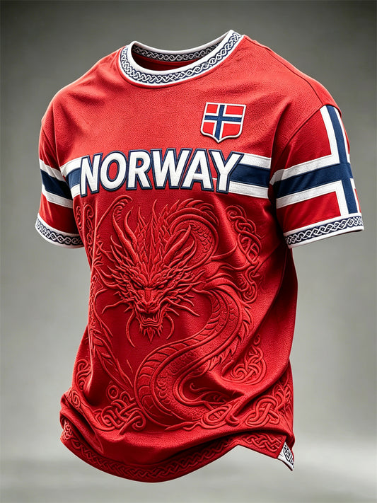 Herrtröja från Norge med tryck av vikingar, drake och keltiskt knutmotiv, korta ärmarna