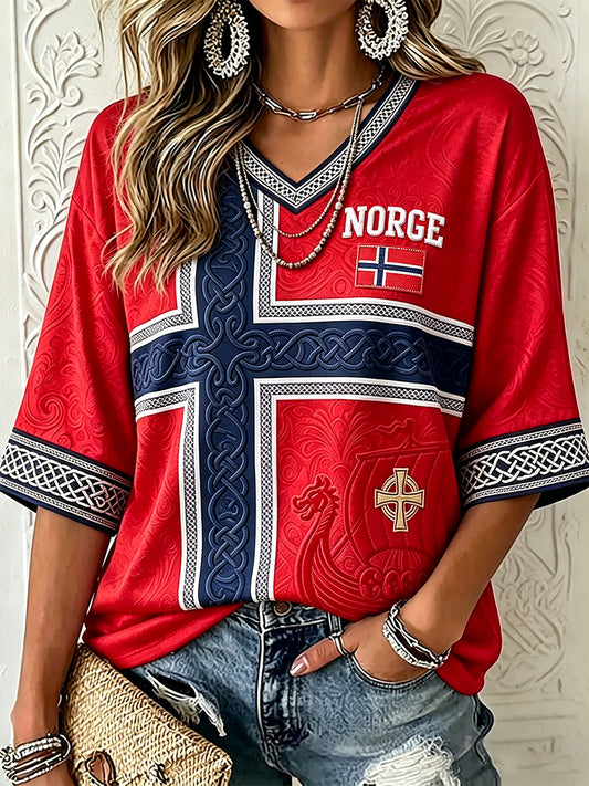 Kvinnors viking inspirerad keltisk flagga Skriv ut med längd ärmar V-hals T-shirt