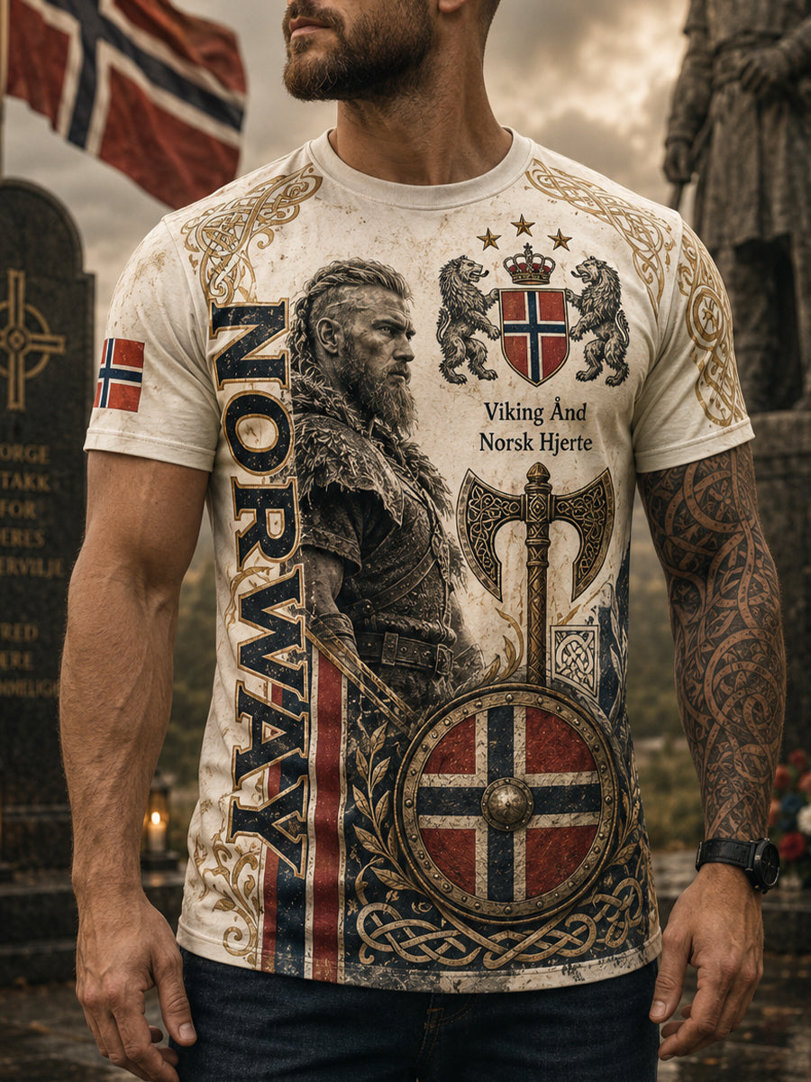 Herrtröja med norsk vikingtematisk patriotisk minneskonsttryck
