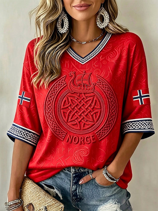 Kvinnors Viking keltiska konstflagg Skriv ut med längd ärmar V-hals T-shirt