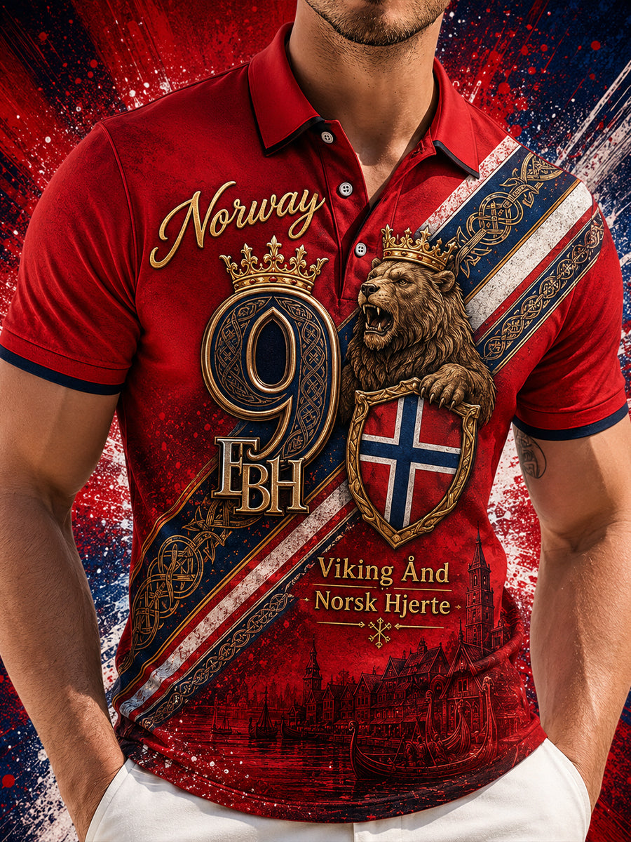 Herrpolotröja med norsk vikingtematisk patriotisk minneskonsttryck