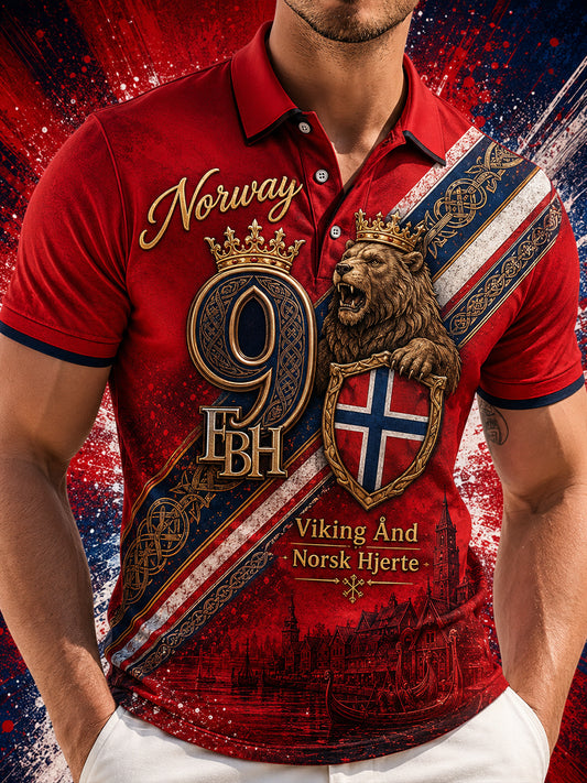 Herrpolotröja med norsk vikingtematisk patriotisk minneskonsttryck