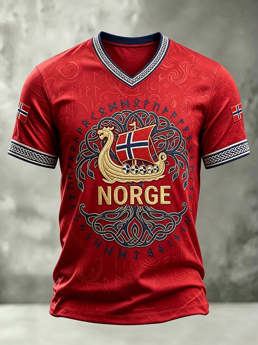 Mäns Norge Viking skepp Runes Art Flag Print V-hals T-shirt