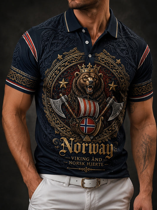Herrpolotröja med norsk vikingtematisk patriotisk minneskonsttryck