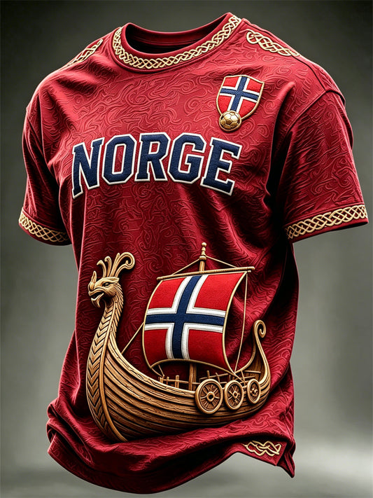 Herrtröja med konsttryck av Norges vikingaskepp, Norge och fotbollslagets flagga, kortärmad t-shirt