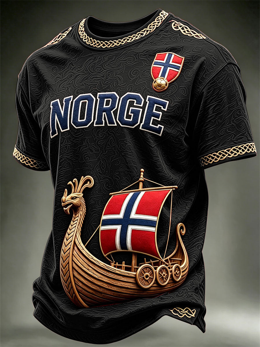 Herrtröja med konsttryck av Norges vikingaskepp, Norge och fotbollslagets flagga, kortärmad t-shirt
