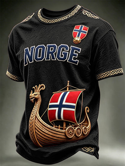 Herrtröja med konsttryck av Norges vikingaskepp, Norge och fotbollslagets flagga, kortärmad t-shirt