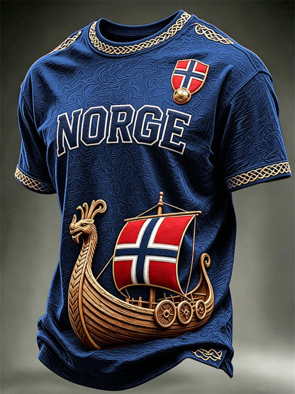 Herrtröja med konsttryck av Norges vikingaskepp, Norge och fotbollslagets flagga, kortärmad t-shirt
