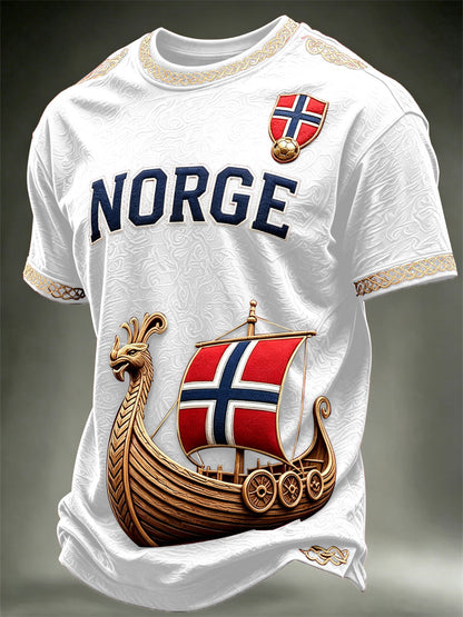 Herrtröja med konsttryck av Norges vikingaskepp, Norge och fotbollslagets flagga, kortärmad t-shirt