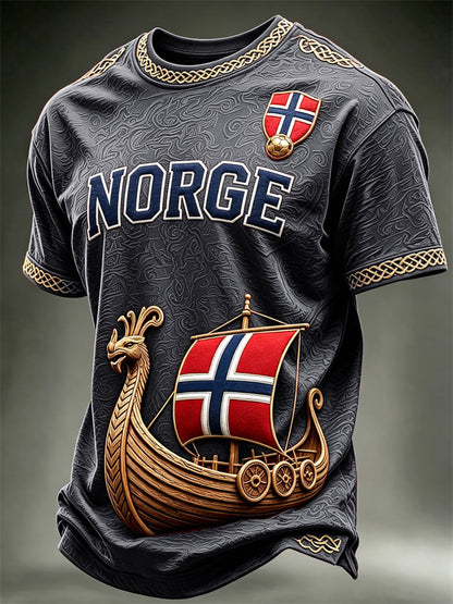 Herrtröja med konsttryck av Norges vikingaskepp, Norge och fotbollslagets flagga, kortärmad t-shirt