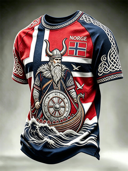 Herrligan Norge vikingkrigare och skepp med keltiskt knutmönster – t-shirt med korta ärmar och flaggtryck