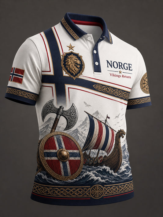 Mansligt norsk vikingtematiskt patriotiskt konsttryckt polotröja