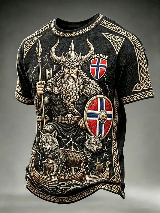 Herrens Norge Odin Vargar & Viking Ship Celtic Knot Flag Skriv ut korta ärmar t-shirt
